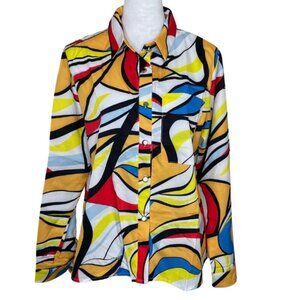 Women's Vintage Print Button Down Roll Tab Collard Top Blouse Business Sz Large